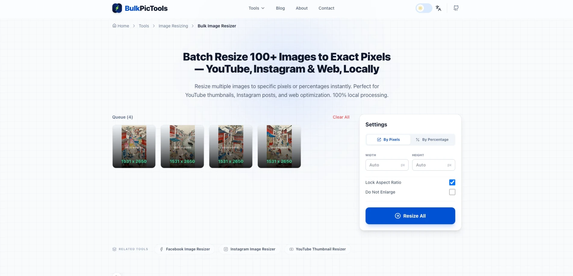 BulkPicTools Bulk Image Resizer — setting target width, height and aspect ratio lock for batch resize