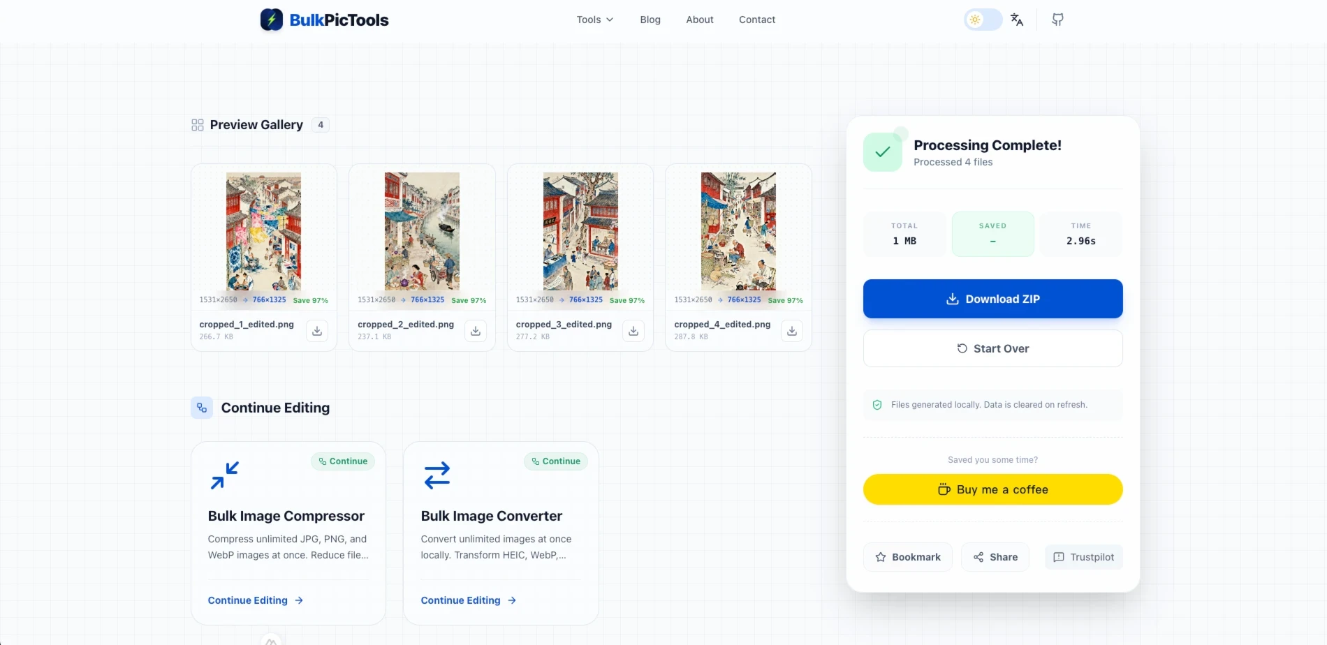 BulkPicTools Bulk Image Resizer — batch processing complete, download all resized images as ZIP