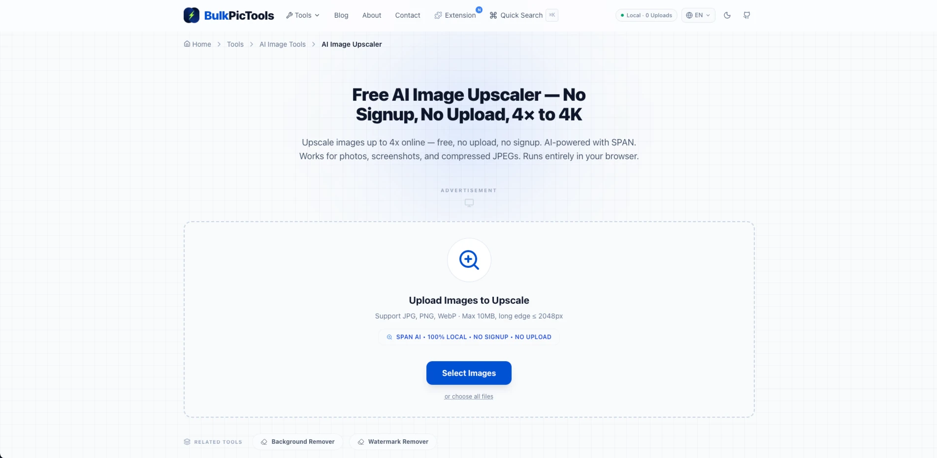 BulkPicTools AI Image Upscaler interface — upload area on left, preview on right with "4x" selected