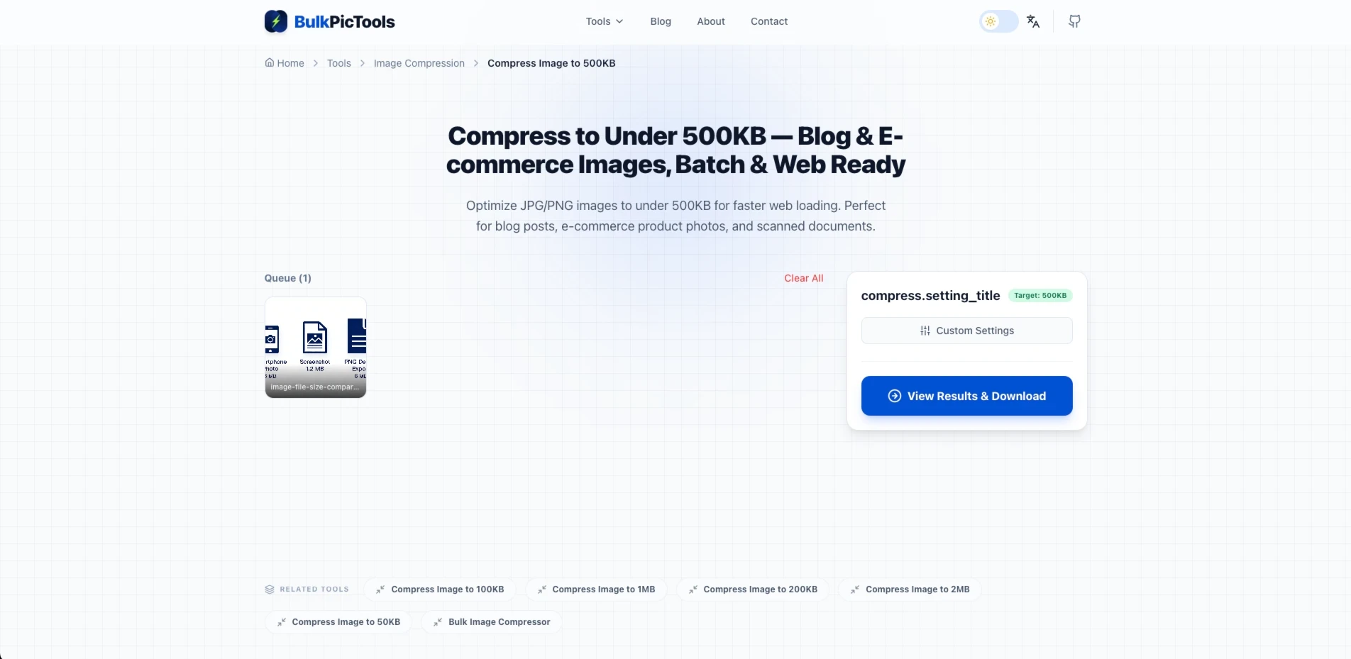 BulkPicTools image compressor set to 500KB target for email attachments