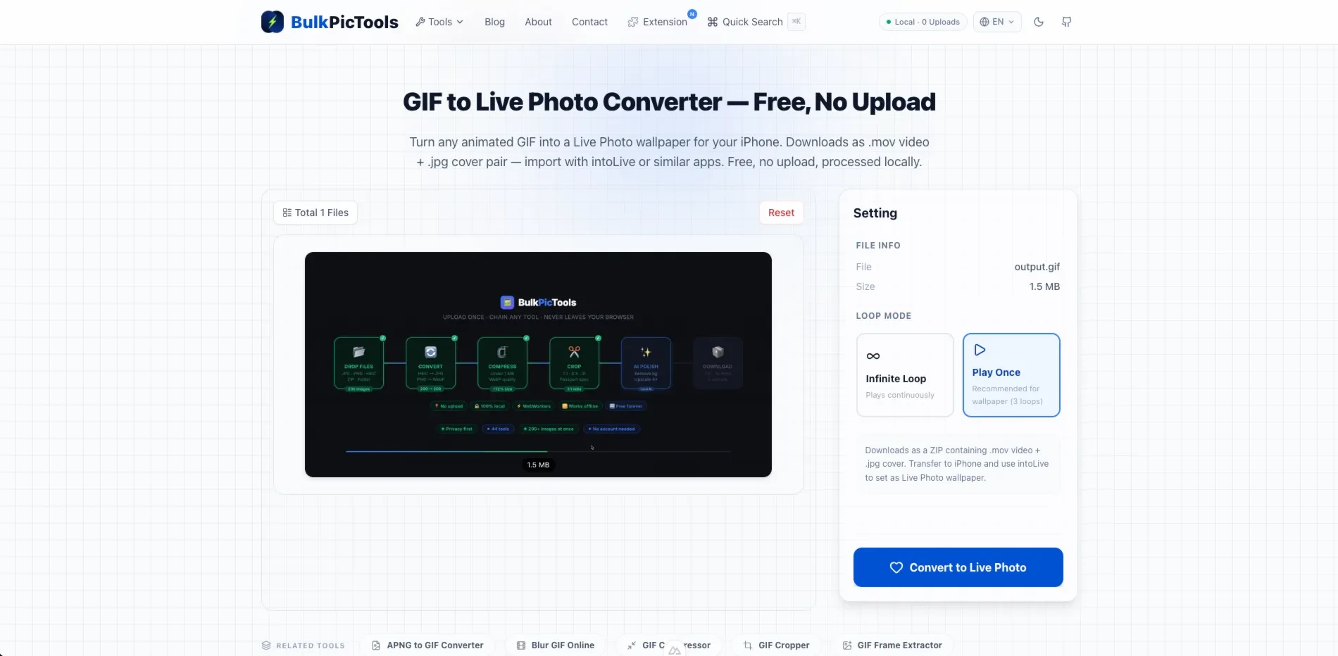 The converter interface — drop your GIF, pick a mode, click Convert.