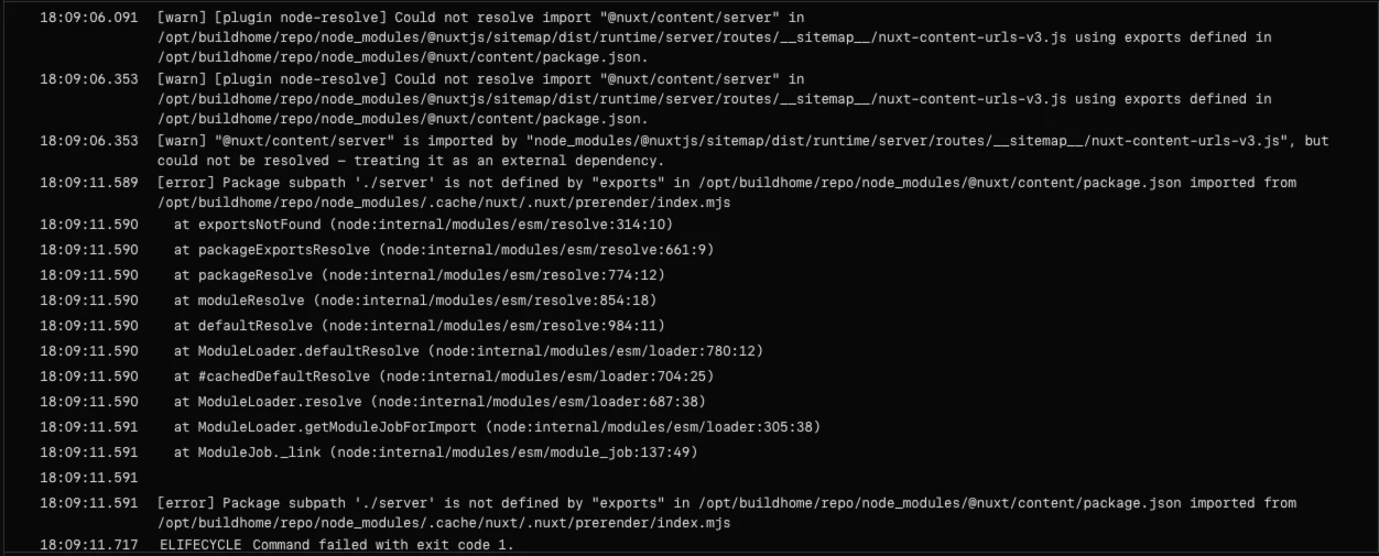 Cloudflare Pages Build Error Log for Nuxt 4