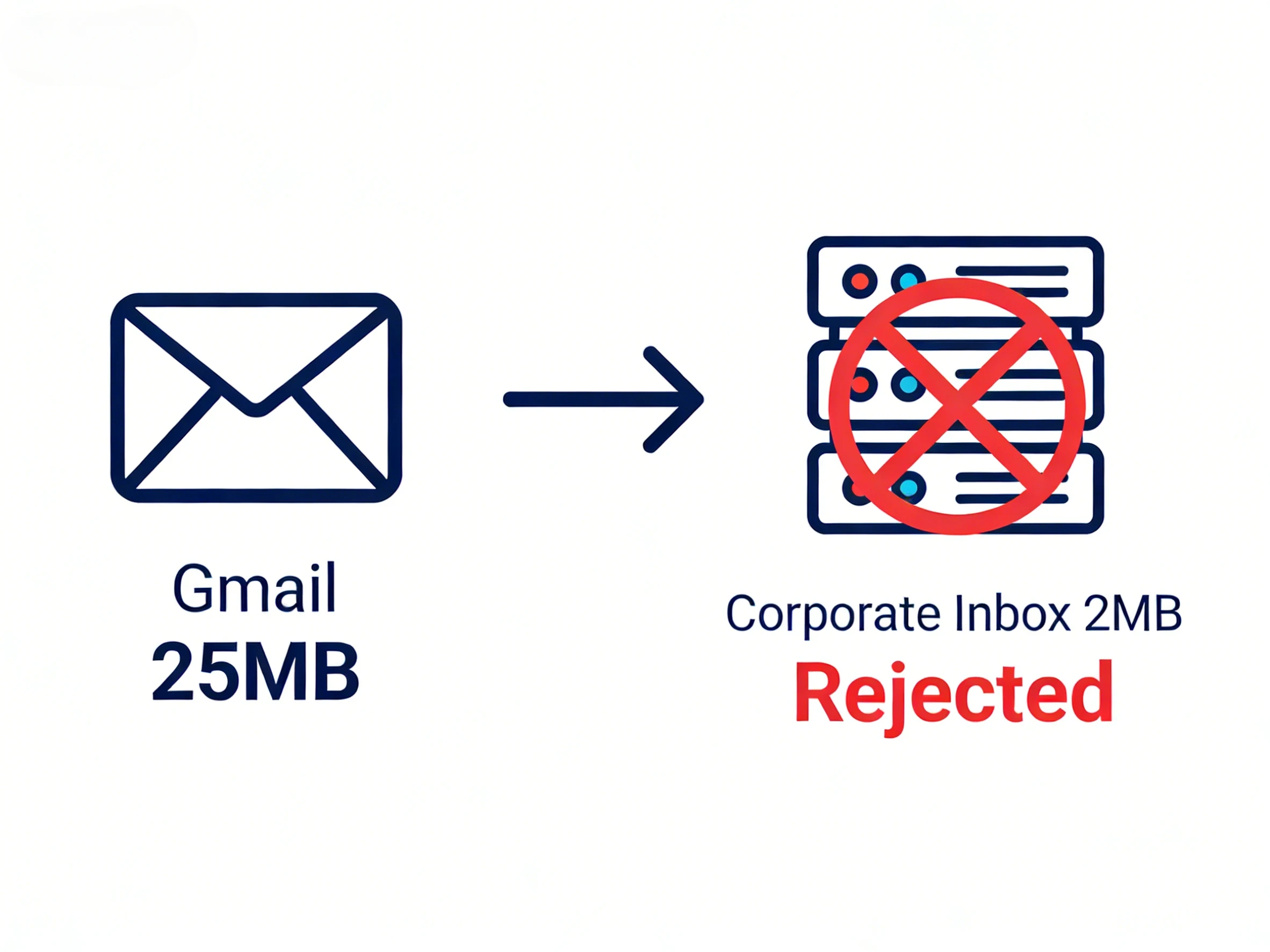 Diagram showing how email attachments get rejected by corporate servers with low file size limits