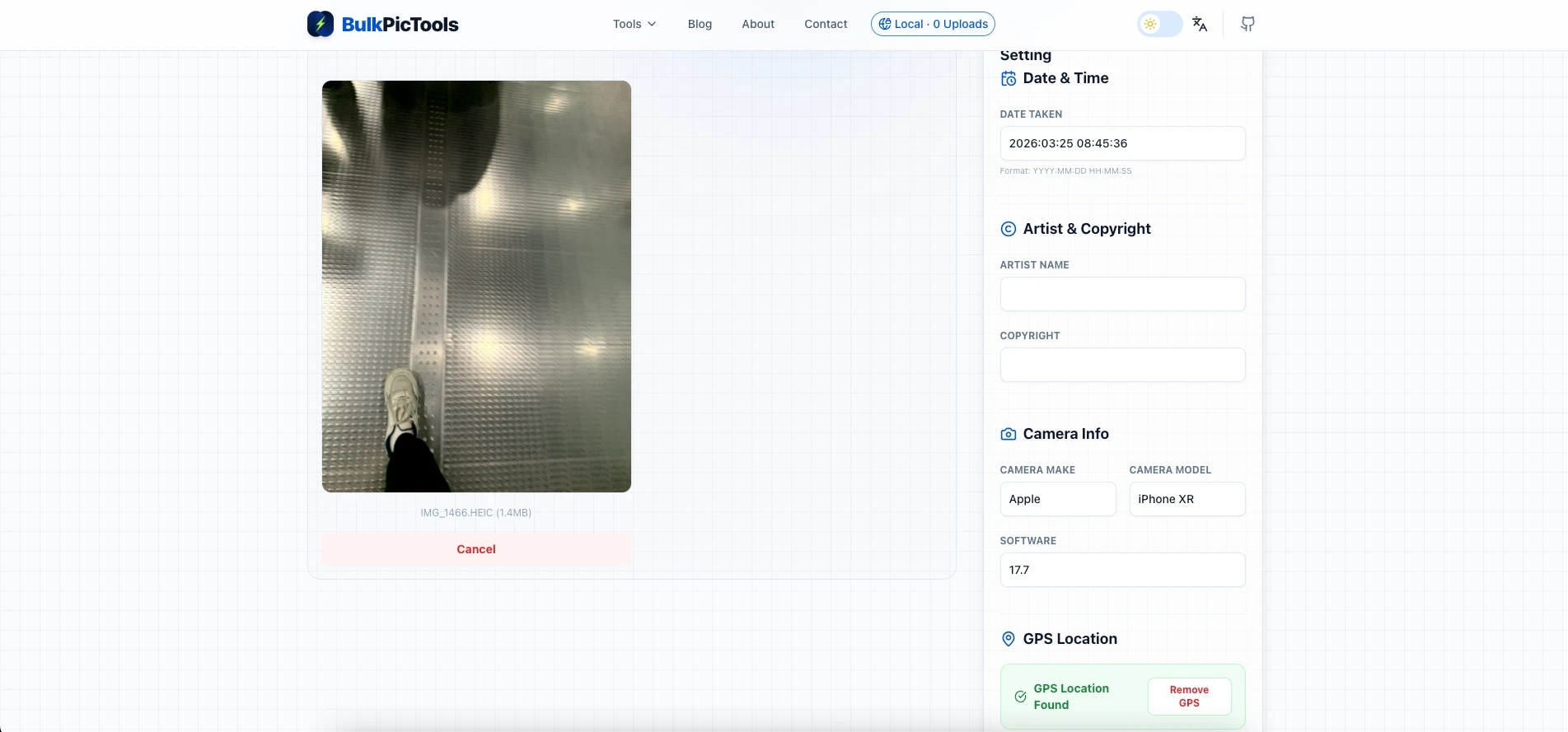 BulkPicTools EXIF Editor with GPS removal option highlighted