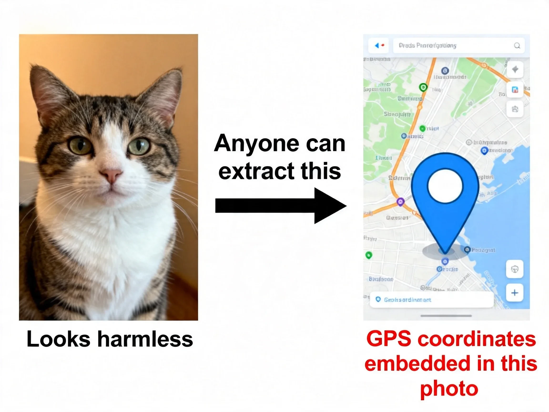 Example showing how a photo shared online can reveal the photographer's home location via GPS coordinates