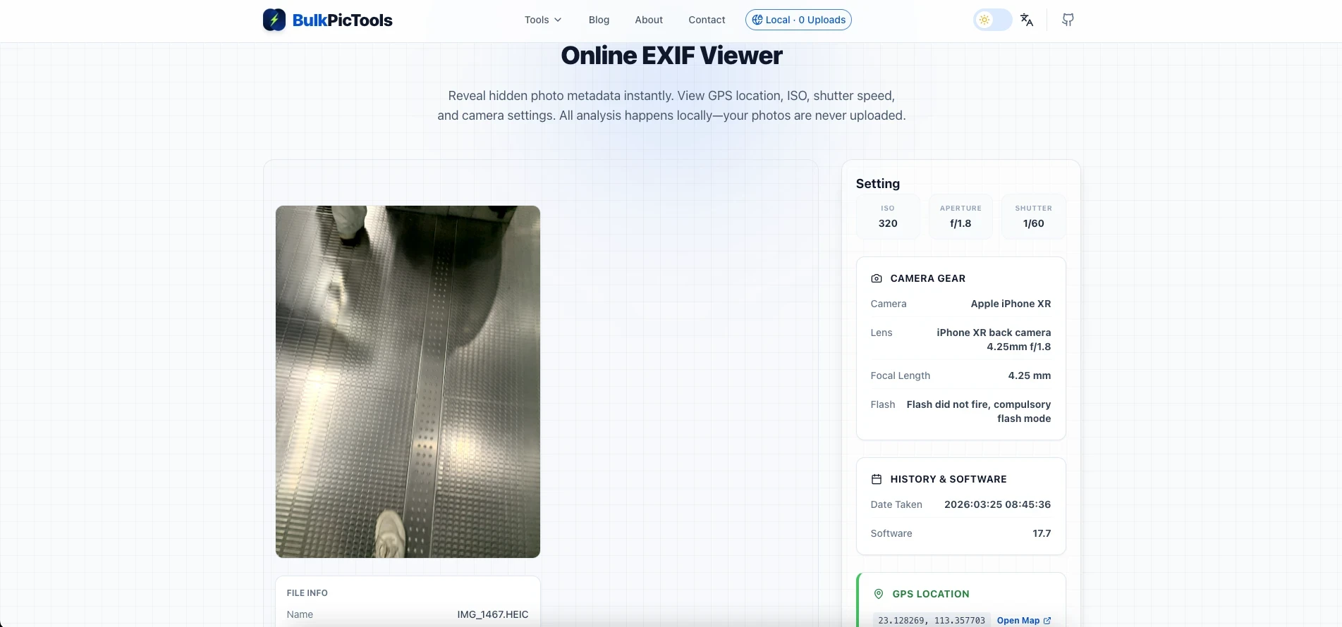 BulkPicTools EXIF Viewer showing GPS coordinates and device information extracted from a photo