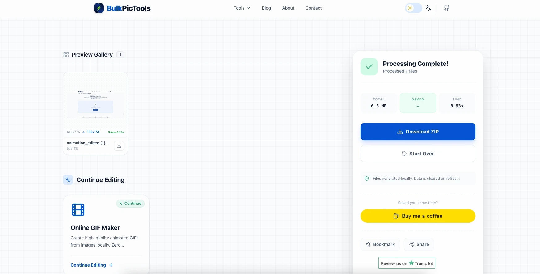 GIF file size before and after compression with download button