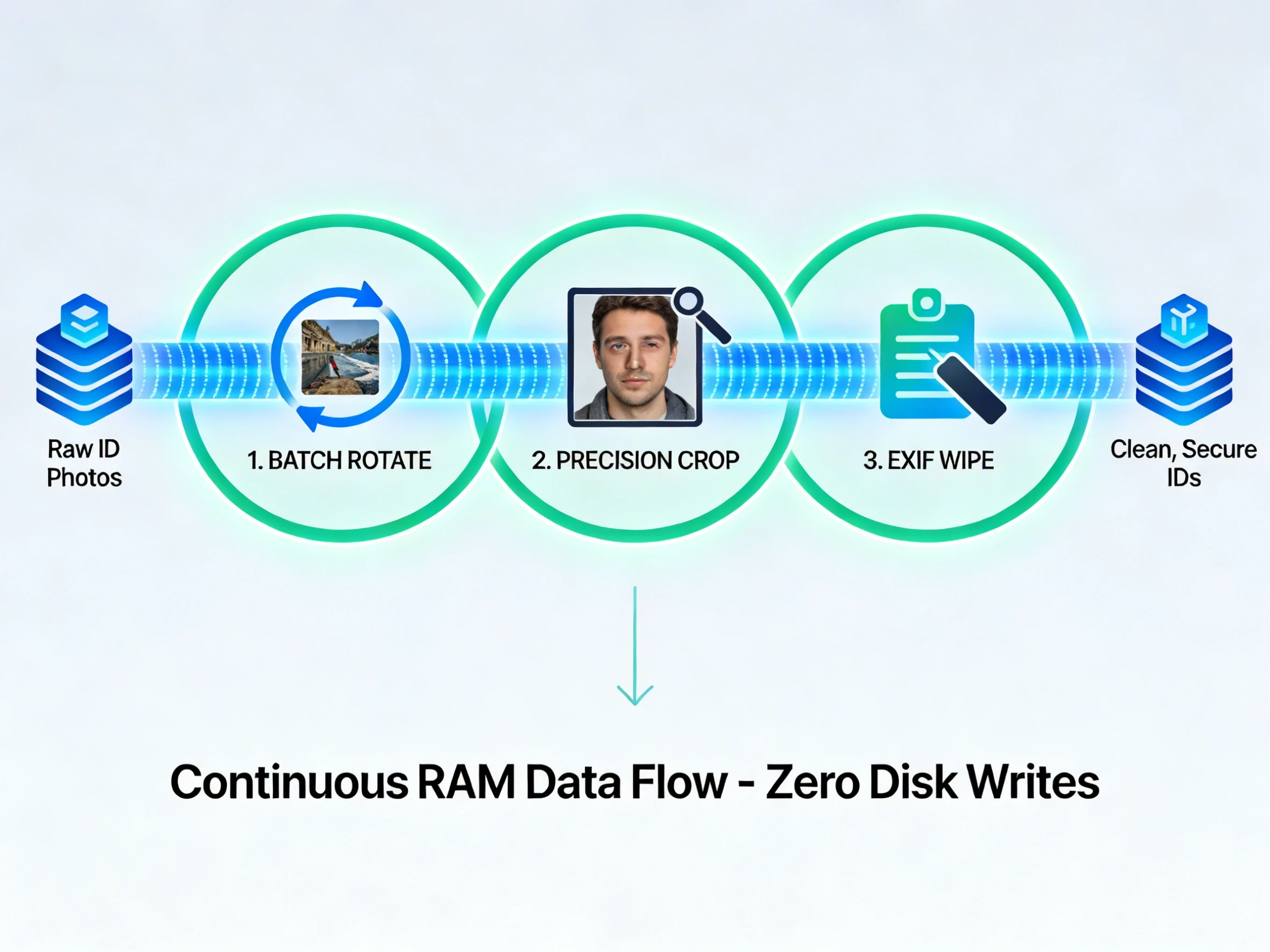 In-memory image processing pipeline showing rotation, cropping, and exif cleaning without disk writes