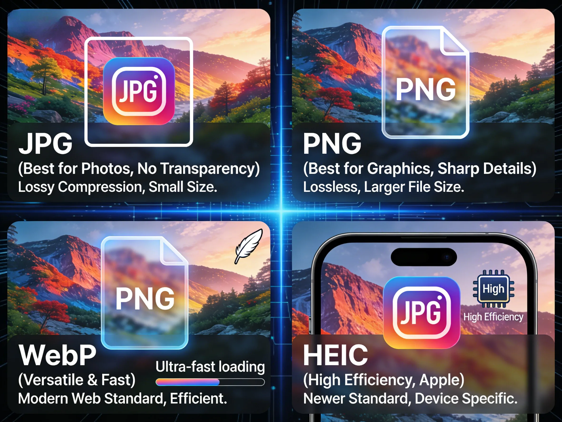 Comparison chart showing best uses for JPG, PNG, WebP, and HEIC image formats