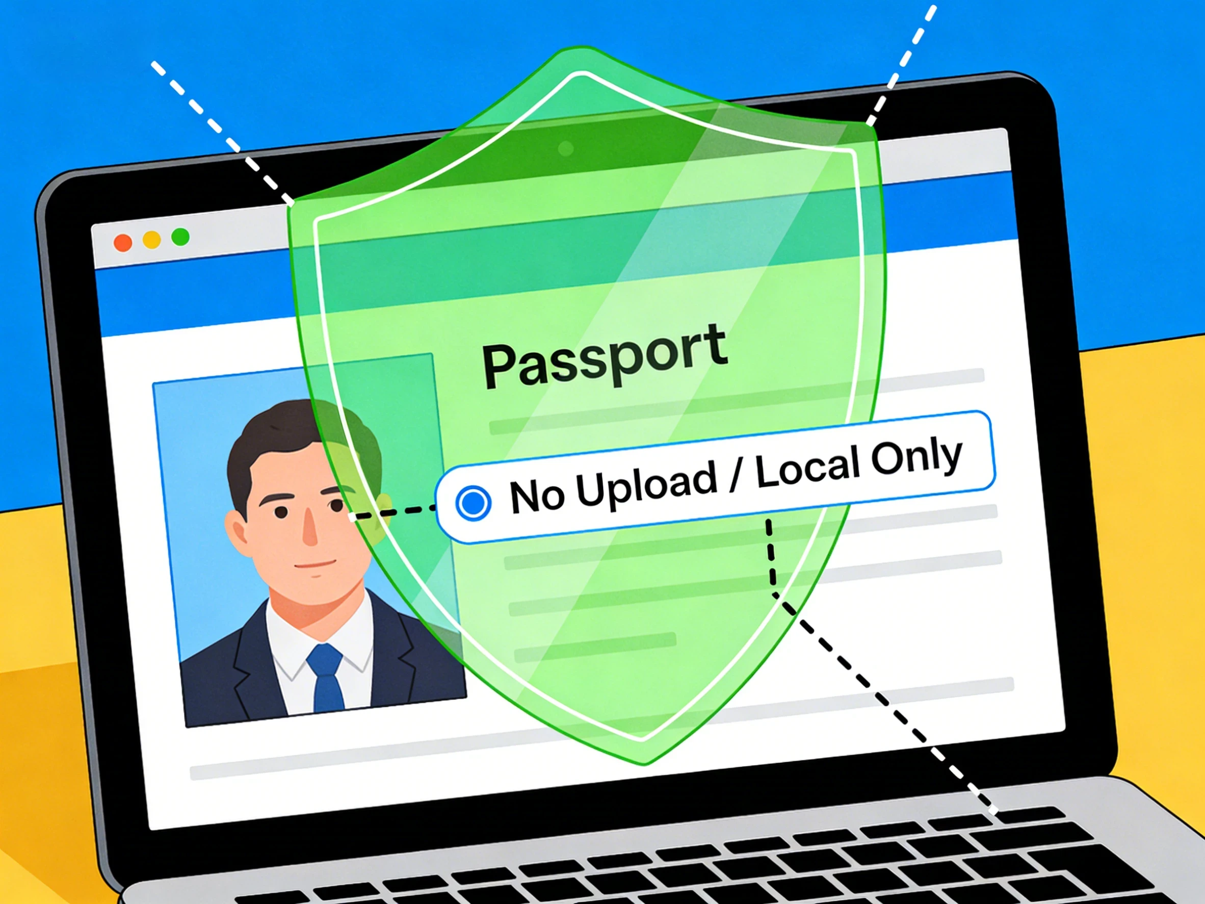 Illustration showing local browser-based image processing with no server upload for privacy