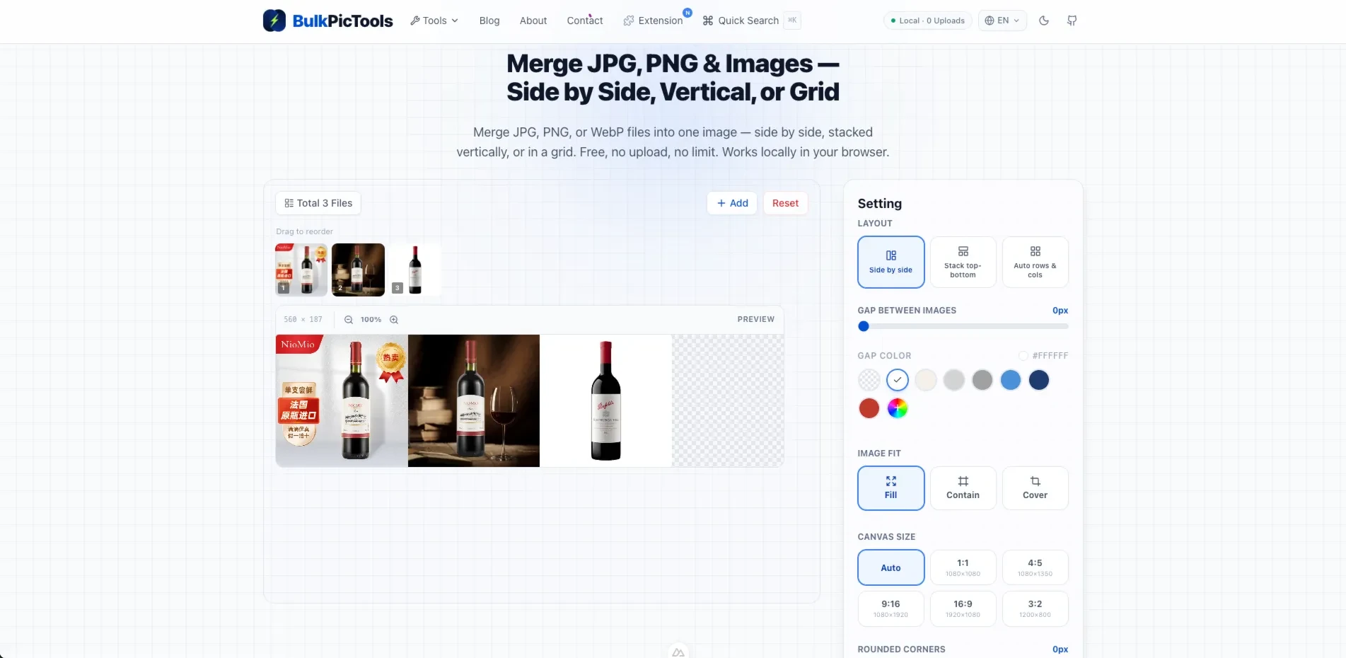 BulkPicTools merge images interface with 3 photos arranged side by side