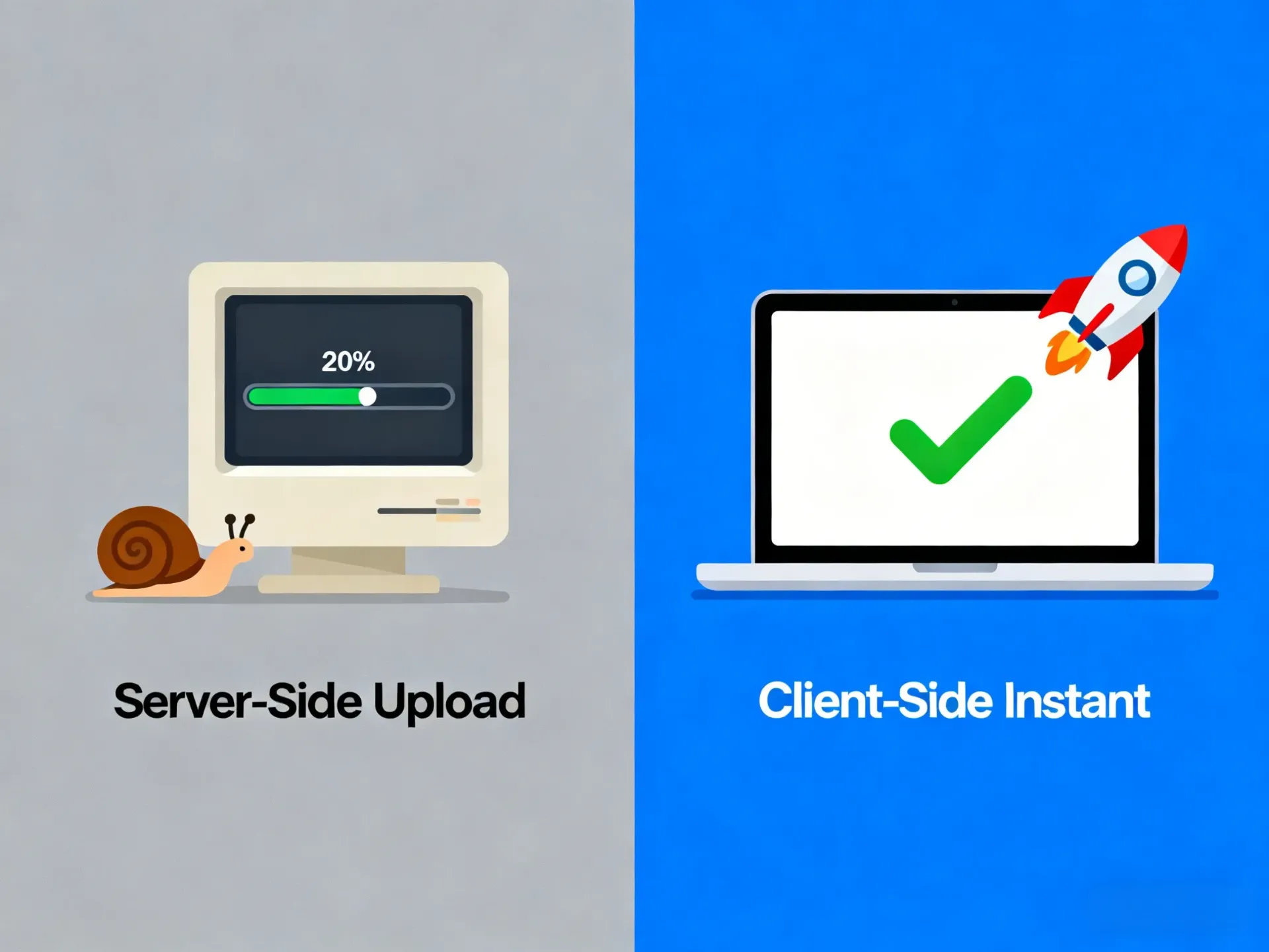 Comparison showing slow server-side upload vs instant client-side processing