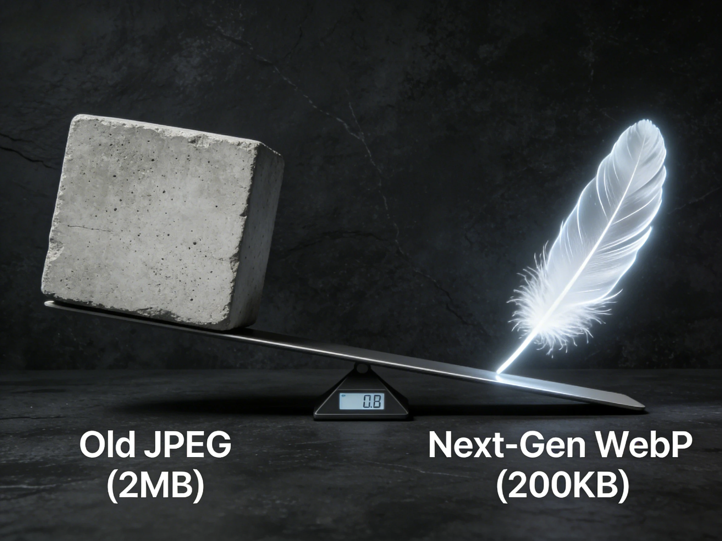 An infographic comparing a heavy stone block labeled Old JPEG vs a light feather labeled Next-Gen WebP.